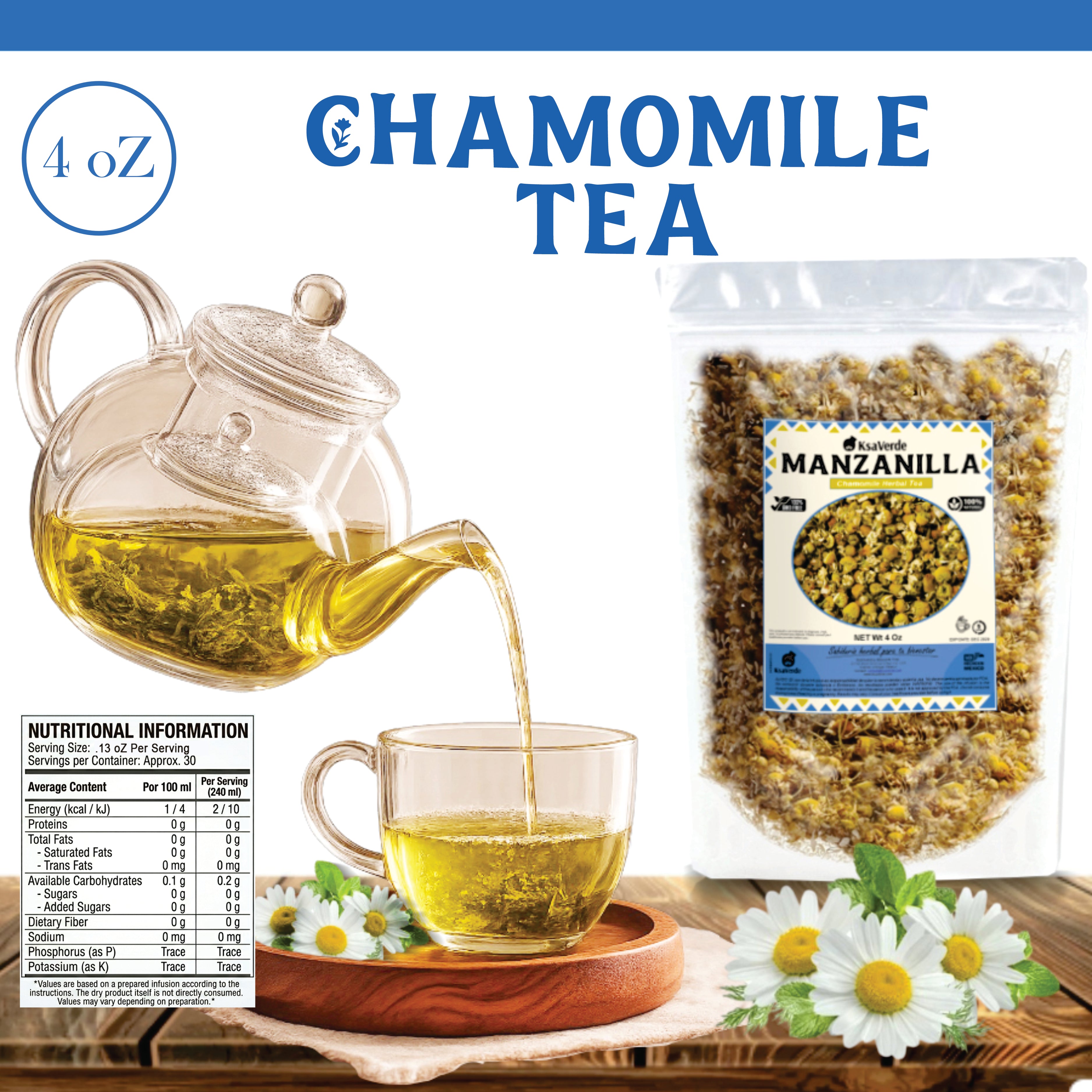 Chamomile Flower (Flor de Manzanilla) Herbal Tea – 4 oz | Traditional Floral Infusion | Caffeine-Free